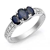 14k White Gold 3 Stone Blue Sapphire and Diamond Ring