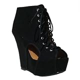 Womens Qupid Black Perforated Lace Up Wedge Bootie (Finder165)