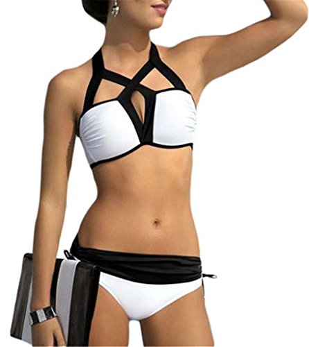 Dreamy Girl Womens White and Black Cutout Design Bikini Set Two Piece Swimsuit