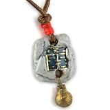 Painted Blue Oriental Stamp With Fine Gold Detail - Cherry Red Woven Accents And Antique Brass Bell Charm - Square Gray Musk Hand Made Ceramic Pendant - Light Brown Necklace