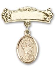 14K Gold Baby Badge with St. Aedan of Ferns Charm and Arched Polished Badge Pin