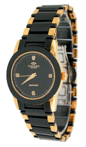 Oniss #ON606-LG Women's Paley Faceted Crystal Black Ceramic Watch with Gold Trim