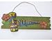 Wood Welcome Sign with Metal Tiki Statue and Hibiscus Flowers - Rope Hanger - 14.75