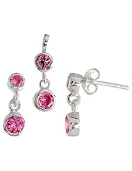 Sterling Silver Dangle Earrings (13mm tall) & Pendant (17mm tall) Set, w/ Bezel Set Brilliant Cut Pink Tourmaline-colored CZ Stones