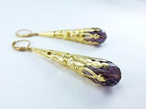 Amethyst Imitation Earrings Leverback Gold Dangle Earrings Victorian Jewelry Filigree Earrings Long Dangle