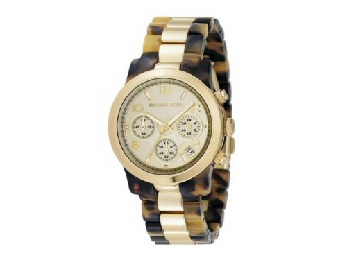 MICHAEL Michael Kors Womens Chronograph Goldtone Mixed Metal and Tortoise Acrylic Bracelet Watch