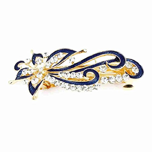 Dark Blue Rhinestones Inlaid Swirl Floral Barrette French Hair Clip by Rosallini