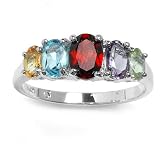 Solid Sterling Silver Rhodium Plated Ring with Oval Shape Garnet, Peridot, Citrine, Blue Topaz & Amethyst Semi-Precious Stones