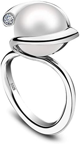 S925 Sterling Silver Vintage Cubic Zirconia Natural Pearls Womens Open Band Ring,Size 6-7