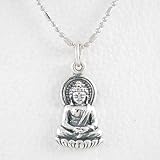 Small Sitting Young Buddha Pendant in Sterling Silver on 16 Rhodium and Sterling Ball Chain, #8441