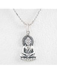 Small Sitting Young Buddha Pendant in Sterling Silver on 16" Rhodium and Sterling 3 Bead + 1 Bar Chain Necklace, #8441