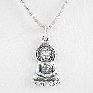 Sitting Young Buddha Pendant in Sterling Silver on 16" Rhodium and Sterling Ball Chain, #8441