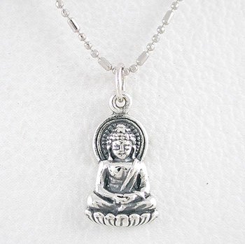 Small Sitting Young Buddha Pendant in Sterling Silver on 16 Rhodium and Sterling Ball Chain, #8441