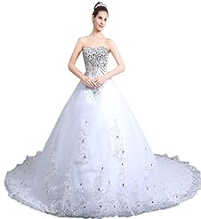 Tulle Sweetheart   Lace-Up Beaded Sequined  Ball Gown  Dress with a Chapel Train  With Rhinestones