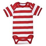 オーガニックコットン ボーダーボディスーツ半袖（レッド） (0-3ヶ月(50～60cm))
