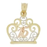 14k Tricolor Gold, Tiara Crown Filigree Design 15 Pendant Charm Quinceanera