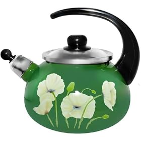 Whistling Stove Top Kettle, Non Toxic Enamel Coating,Hand decorated, 2.0L/green-white flowers