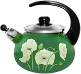 Whistling Stove Top Kettle, Non Toxic Enamel Coating,Hand decorated, 2.0L/green-white flowers