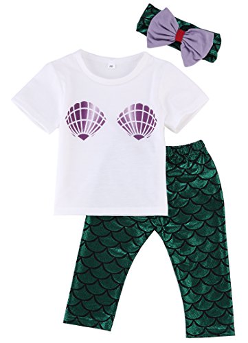 Baby Girls Short Sleeve Shell T-shirt and Mermaid Pants Outfit with Headband