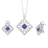 Lavish and Graceful Princess Cut Sapphire Pendant Earrings Set in Sterling Silver