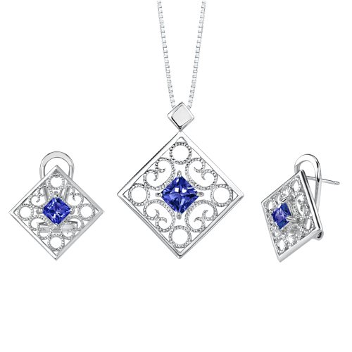 Childrens Toyshop  Jewelry : Lavish and Graceful Princess Cut Sapphire Pendant Earrings Set in Sterling Silver