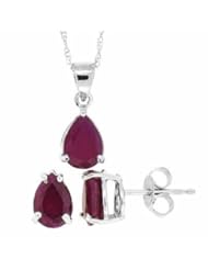 1.89CTTW Genuine Pear Shaped Genuine Ruby Pendant Earring Set in 14Kt White Gold w/chain(AB Quality)