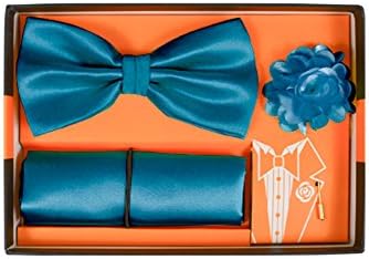 Men's Microfiber Teal Matching Pretied Bow Tie, Hanky and Lapel Pin Boxed Set