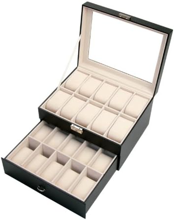 Watch Box 20 Mens Black Leather Display Glass Top Jewelry Case Organizer