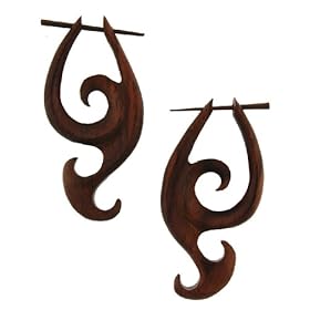 PABBIRING - Organic Hand Carved Sono Wood Earrings with Wood Post - From Indonesia - Sold as a Pair - 24mm x49mm