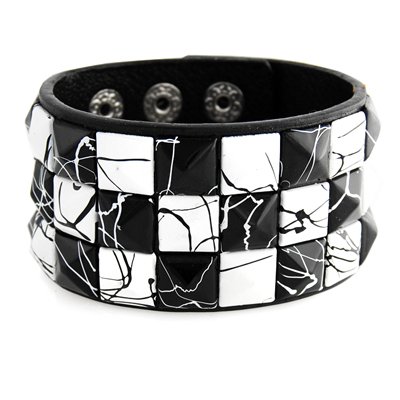 White/Black Line Splattered Studded Black Leather Bracelet