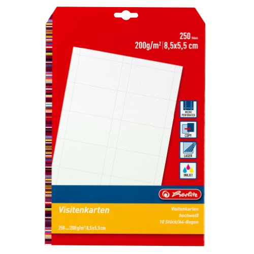 HERLITZ - carte de visite, carton prestigieux 85 x 55 mm, 200 g/m2, adéquat pour imprimante jet d'encre, microperforéeContenu: 250 Cartes de visite sur 25 feuille