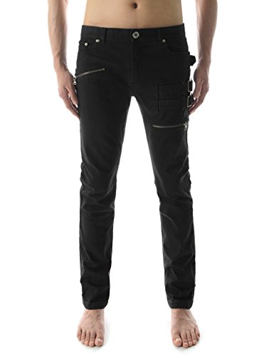 (TLP23) Mens Slim Stretchy Flat Front Zipper Deco Side Buckle Patch Cotton Pants