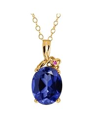 3.37 Ct Oval Blue Created Sapphire Pink Sapphire 18K Yellow Gold Pendant