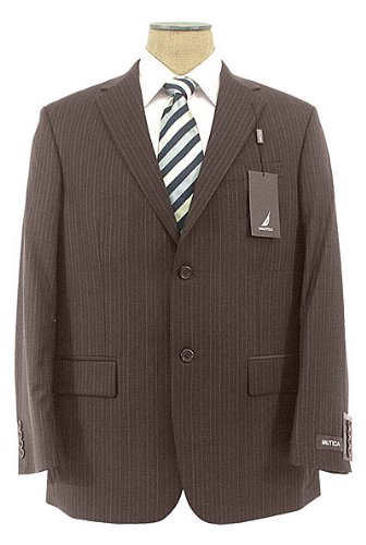 Nautica Mens Single Breasted 2 Button Brown Pinstripe Wool Suit - Size 42L