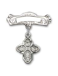 Sterling Silver Baby Badge with 4-Way Charm and Arched Polished Badge Pin