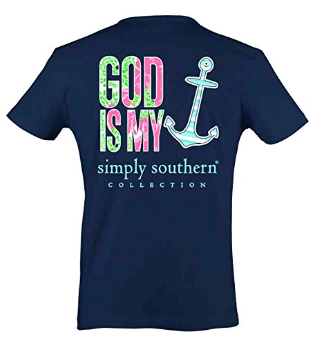 Simply Southern Tees Short Sleeve Preppy God is My Anchor Large Navy Blue