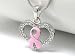 Beautiful Pink Ribbon in Ice Crystal Heart Charm Necklace on Silver Tone Chain
