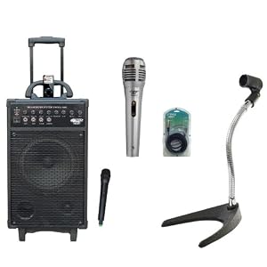 Pyle Speaker, Mic, Stand and Cable Package – PWMA860I 500W VHF Wireless Portable PA System /Echo W/Ipod Dock – PDMIK1 Professional Moving Coil Dynamic Handheld Microphone – PMKS8 U-Base Gooseneck Desktop Microphone Stand – PPFMXLR15 15ft. XLR Male to XLR Female Microphone Cable