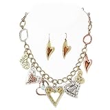 Tri Tone Heart Charm Necklace Earrings Set Fashion Jewelry