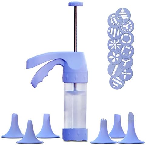 Baker's Choice Manual Cookie Press - Press & Cut Out Perfect Cookies Consistently - Clear Dispensing Cylinder Lets You Monitor Dough Level - Cookie Cutter Comes With 12 Cookie Stamp Discs, 6 Deco Tips & 1 Press Gun - Non-Slip Base & Ergonomic Lever