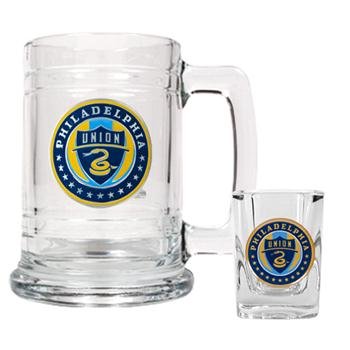 Philadelphia Union MLS Glass Tankard And Square Shot Glass Set - Primary Team Logo Philadelphia Union MLS Glass Tankard And Square Shot Glass Set - Primary Team Logo