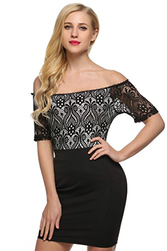 Zeagoo Women Boat Neck Lace Patchwork Slim Bodycon Party Club Mini Dress