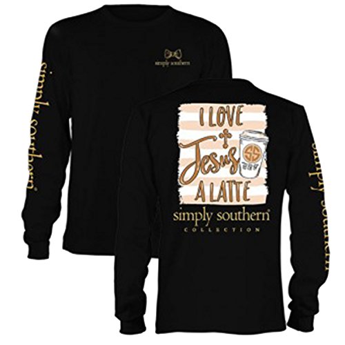 Simply Southern Long Sleeve Preppy I Love Jesus A Latte (Large, Black)