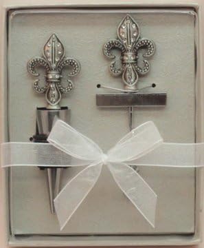 Perfect gift for any occasion, especially housewarming or party favors. The gift set includes a fleur de lis wine stopper and same shape corkscrew. All made w/ pewter and adorned with rhinestones. Boxed in nice deluxe black box with organza ribbon.