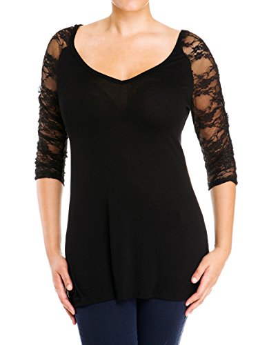 eVogues Plus Size Sexy Lace Accented Black Tunic Top