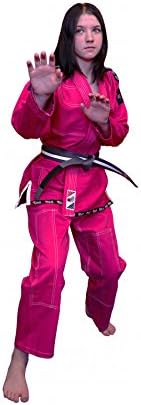 Brazilian Jiu-Jitsu (BJJ) Gi for Kids. Pink. Dojo Pro "Origins" Range Of Premium Martial Arts Uniforms for Boys And Girls. Includes White Belt. Pre-Shrunk. Triple Stitching On Key Stress Points On Jacket And Pants. Shirt is Blank on Front and Rear For Your Own Badges and Patches