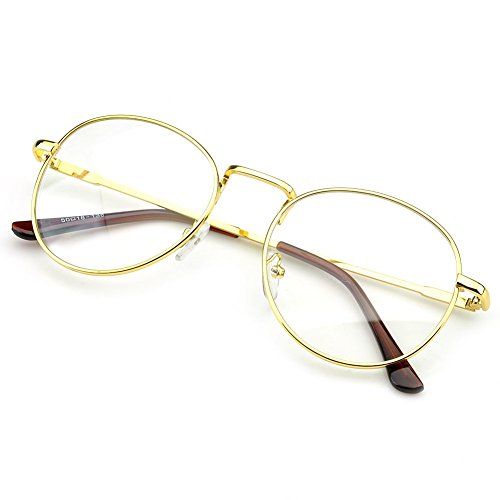 PenSee Large Oversized Metal Frame Clear Lens Round Circle Eye Glasses (Gold)