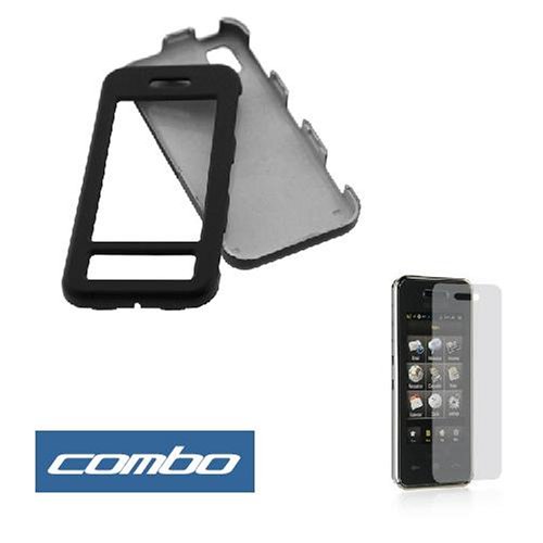 Solid Black Rubberized Snap on Crystal Hard Case + Clear Reusable LCD Screen Protector for Sprint Samsung SPH-M800 Instinct Cell Phone