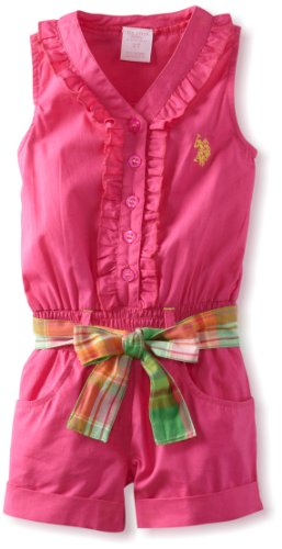 U.S. Polo Assn. Girls 26X Ruffled ButtonUp Romper, Pink Peak, 4T Picture