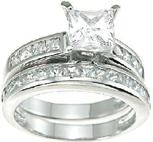 Princess Cut Cubic Zirconia CZ Wedding and Engagement Ring Set in Sterling Silver Size 6 (Sizes 5-12 Available)